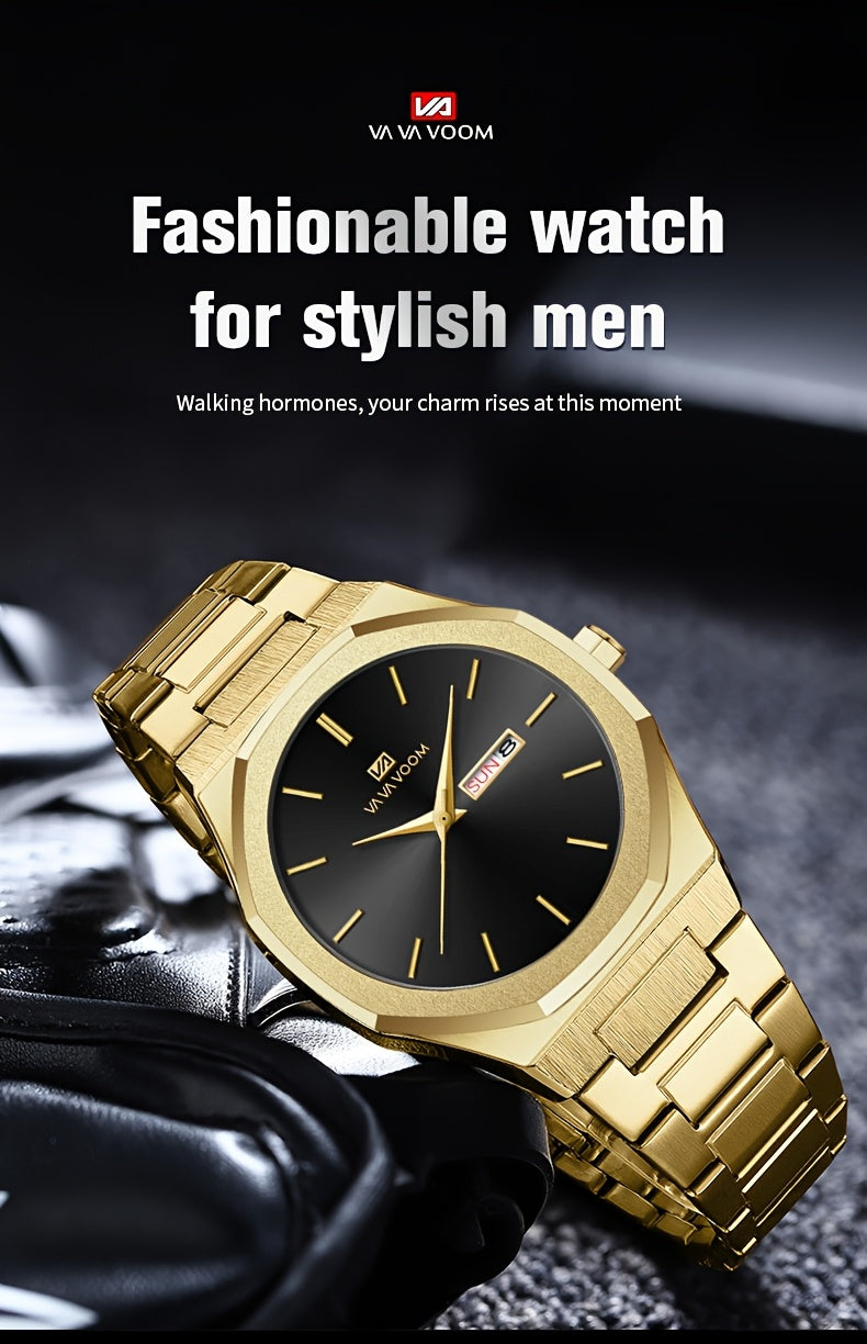 1pc Men'S Luxury Business Style Watch - Blue & Golden Stainless Steel, 42mm, Dual Calendar Quartz Movement, VA VOOM Brand, Outdoor Sports & Leisure Gift, Outdoor Sports Watch | Elegant Watch Design | Quartz Watch Movement, Lu