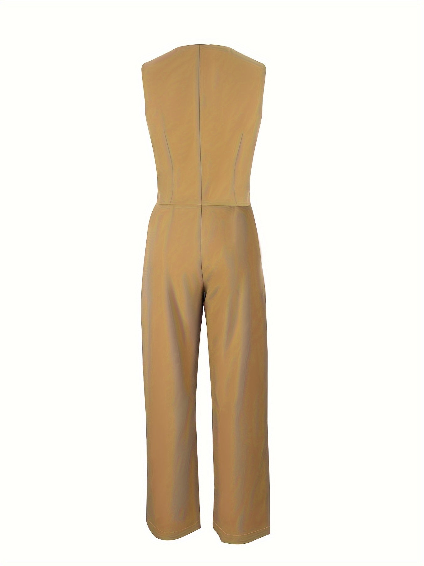 Solid Color Stylish Pantsuits, Button Front Fake Pocket Sleeveless Vest & High Waist Pleated Pants Outfits, Women'S Clothing