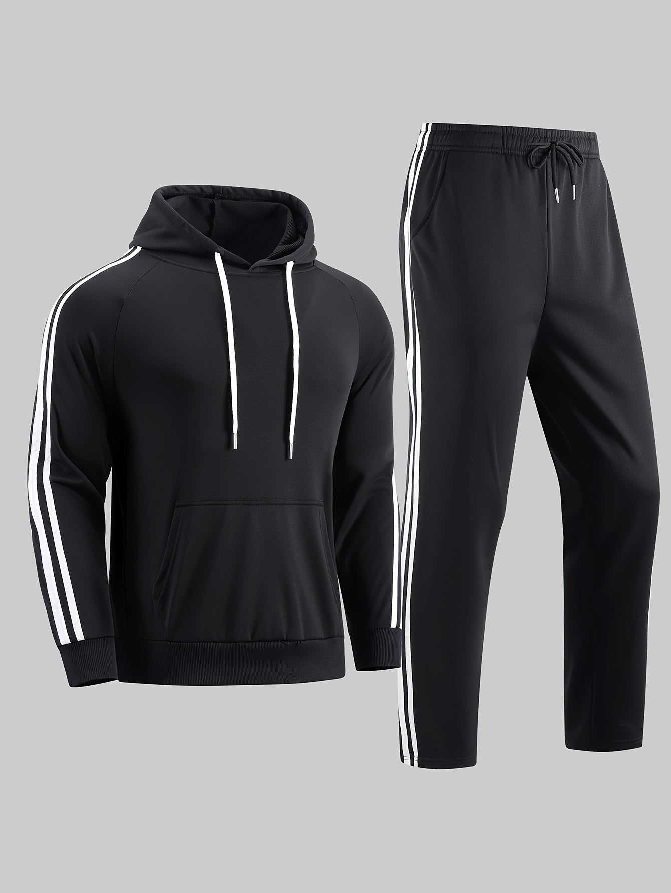 A Set of Two Men'S Casual Sports Outfits, Featuring a Striped Design with Moderately Soft Fabric, Suitable for Outdoor Running And Fitness Activities in All Seasons.