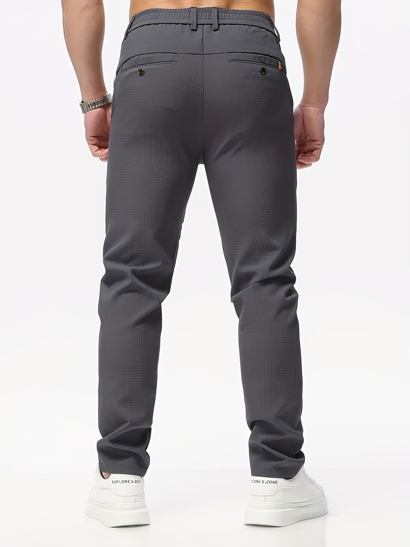 Men's Casual Solid Color Pants - Polyester, Machine Washable, Button Detail, Regular Fit for All Seasons