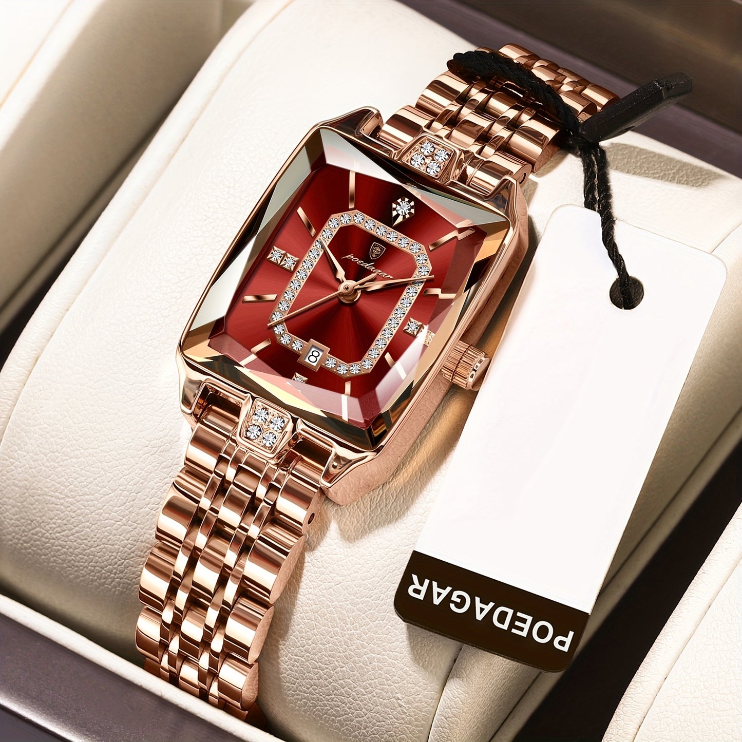 POEDAGAR Elegant Women's Quartz Watch - Rose Golden Stainless Steel, (3ATM), Square Dial with Gemstone Accents, Date Display, Luxury Fashion Accessory for Casual or Formal Occasions