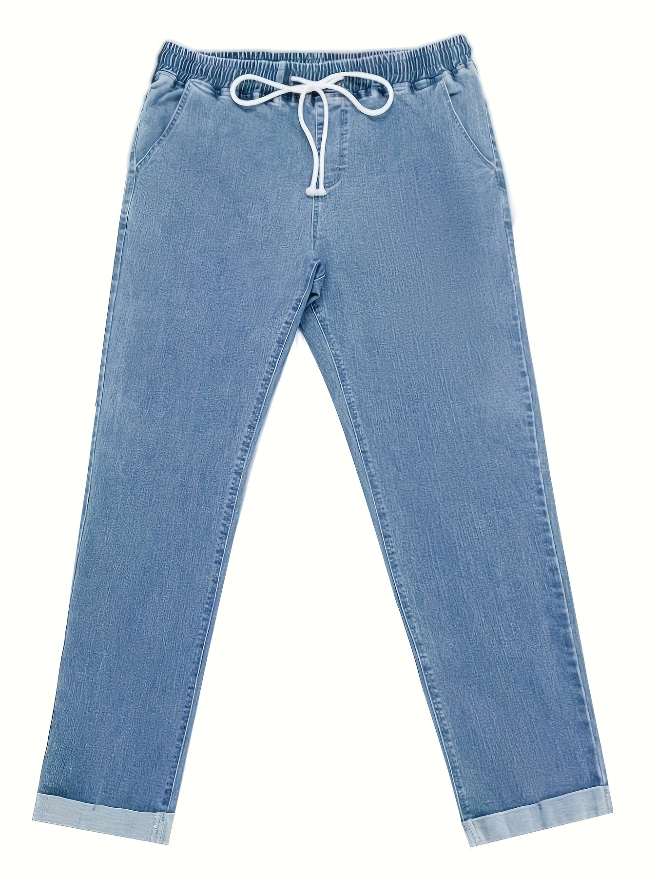 Women's Casual High-Waist Jeans with Cuffed Hem and Drawstring Waistband - Stretch Denim, Machine Washable