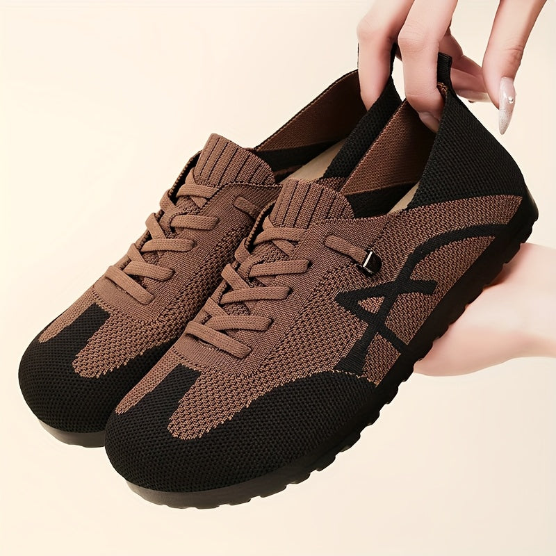 Women's Lightweight Breathable Slip-On Sneakers - Casual Low-Top Shoes with Knit Fabric Upper & Durable PVC Sole, Comfortable for Indoor Outdoor Spring Wear, Brown & Black, Ladies Sneakers