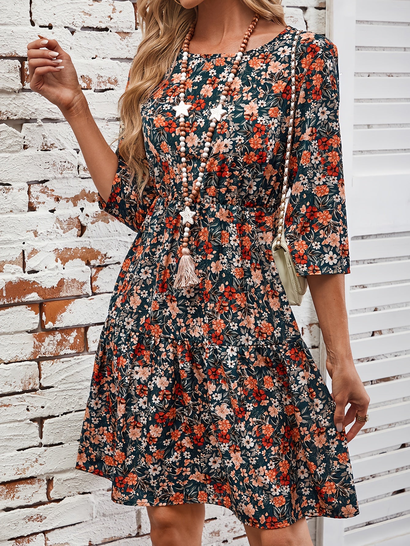 Elegant Floral Print Midi Dress for Women - Crew Neck, 3/4 Sleeve, A-Line with Ruffle Hem, Machine Washable - Perfect for Fall, for Autumn, Spring