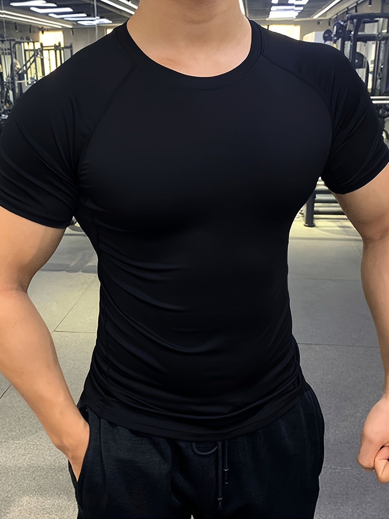 Men's Quick-Dry Athletic T-Shirt - Stretchy, Breathable Polyester, Short Sleeve, Round Neck, Black, Gym & Running Workout Essential, Sports Clothing | Sleek Athletic Tee | Breathable Fabric, Workout Clothes