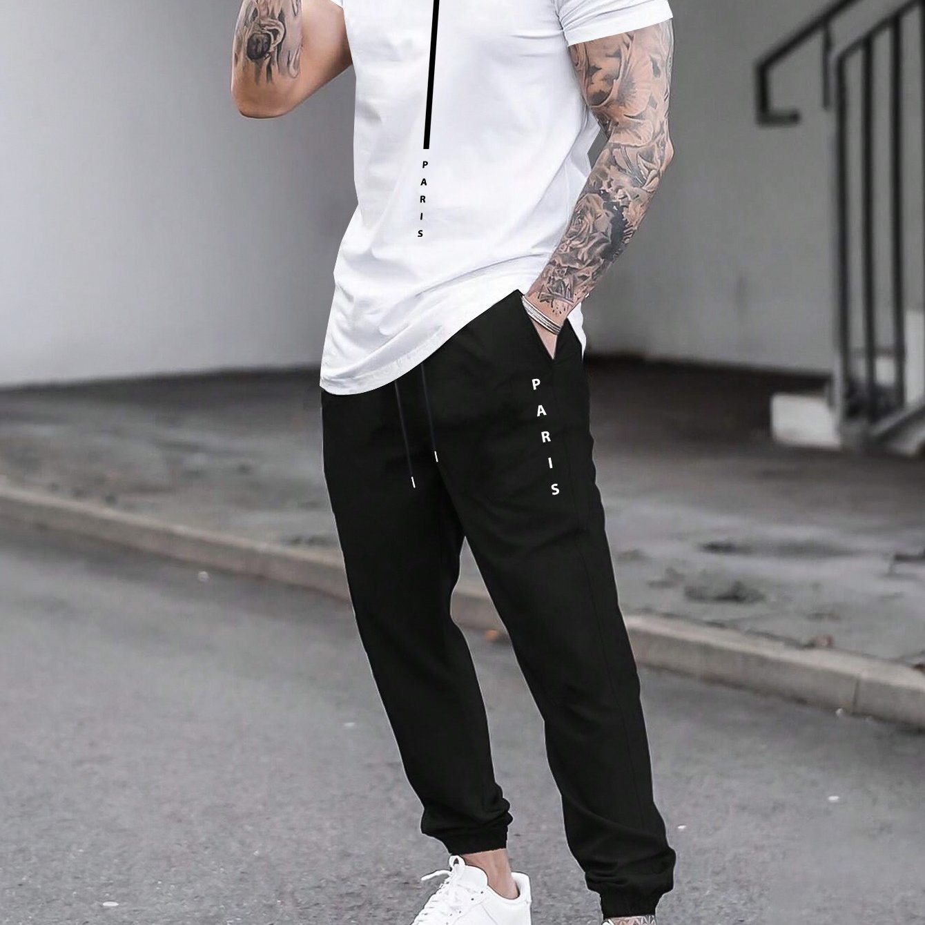 1set Men'S Casual Sportswear Set, Geometric Pattern Short Sleeve T-Shirt and Drawstring Joggers, Knitted Polyester and Elastane Blend, Round Neck, Regular Fit, Four Seasons Outfit