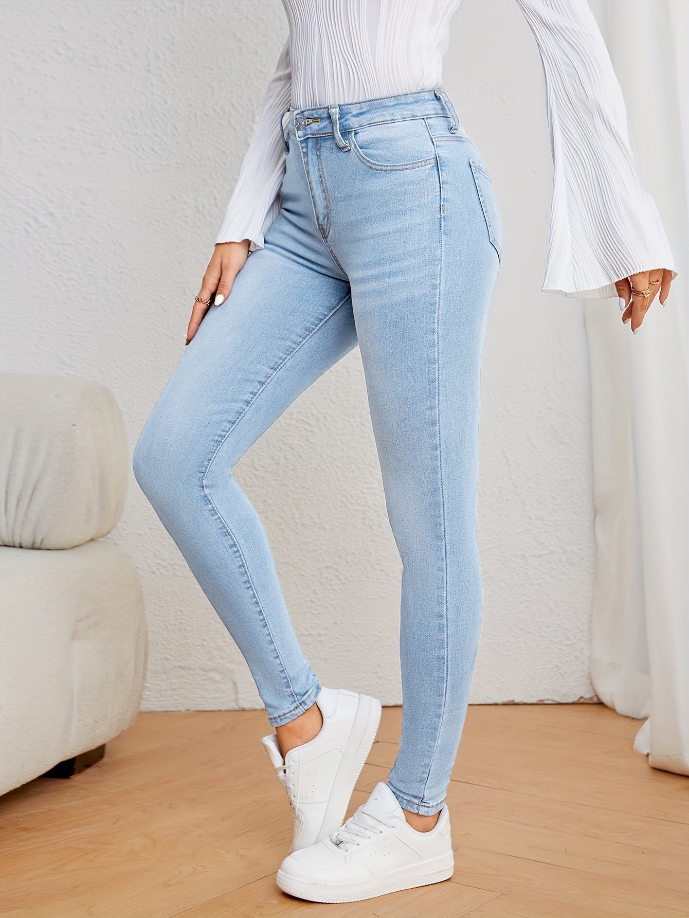 Women's Casual Plain Light Blue Skinny Jeans, Stretchy Denim Pants, Classic Design, High Waist Slim Fit For Everyday Fashion - Perfect For Fall & Winter