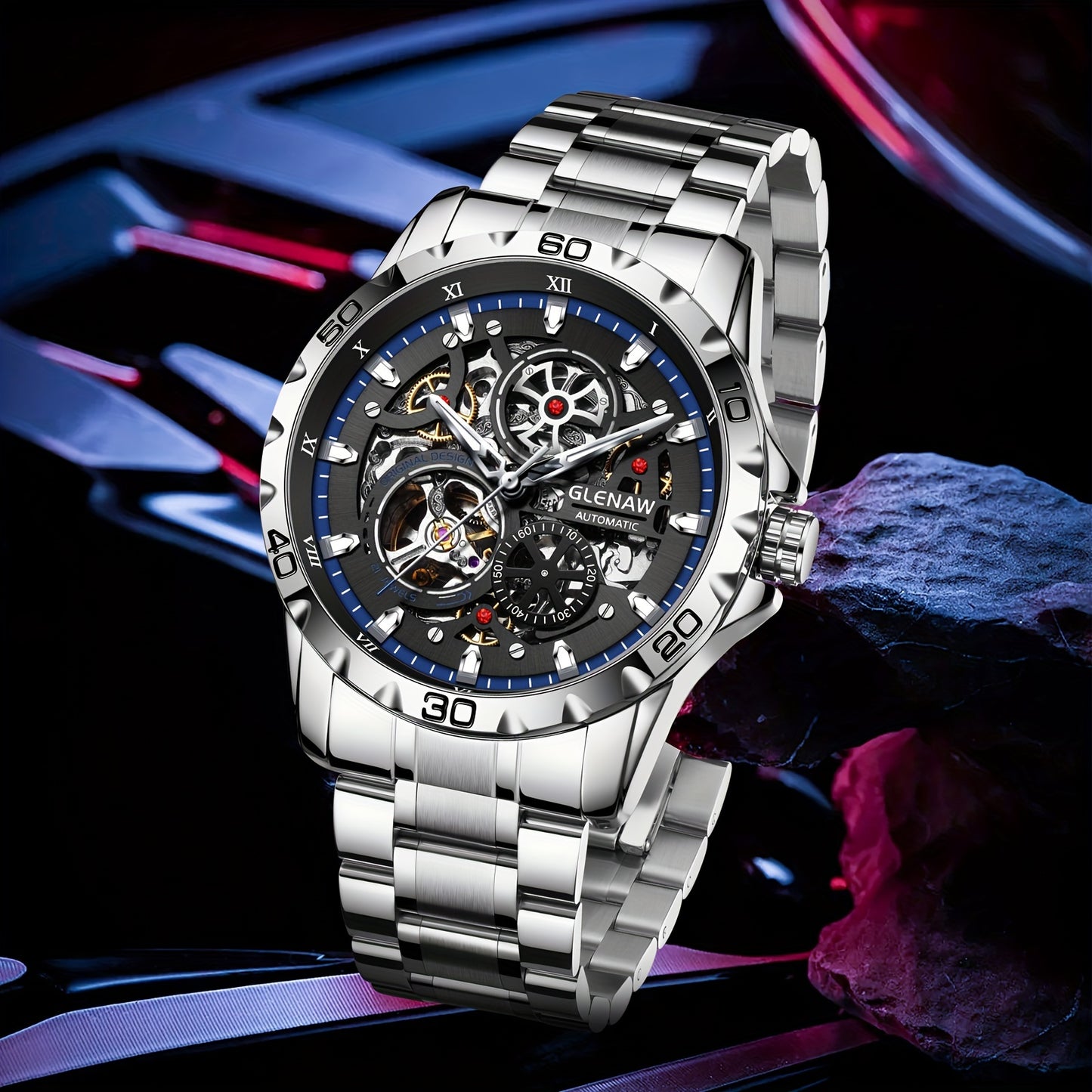 GLENAW Men's Automatic Skeleton Watch - Self-Winding Mechanical Watch with Flywheel Rotation, Transparent dial, Date Display, Stainless Steel Band - No Battery Needed, Wristwatch for Everyday & Formal Events - Ideal Gift for