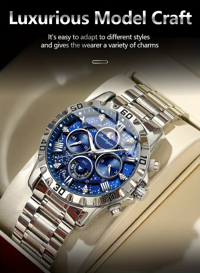 POEDAGAR Men'S Luxury Stainless Steel Quartz Watch with Moon Phase and Calendar - Waterproof, Night-Glow Hands, and Detailed Dial for Business and Formal Attire, Formal Watch | Detailed Watch Face | Quartz Movement