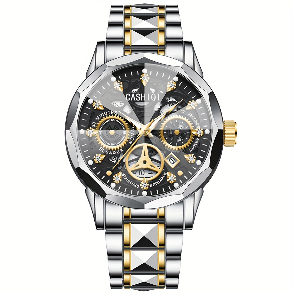 CASHIQI Brand Men'S Steel Strap Quartz Watch with Rhombus Dial, Sparkling Decoration, Calendar, And Luminous Display, IPX7 Waterproof Hollow Quartz Watch for Business, Travel, And Casual Wear - A Perfect Gift Choice.