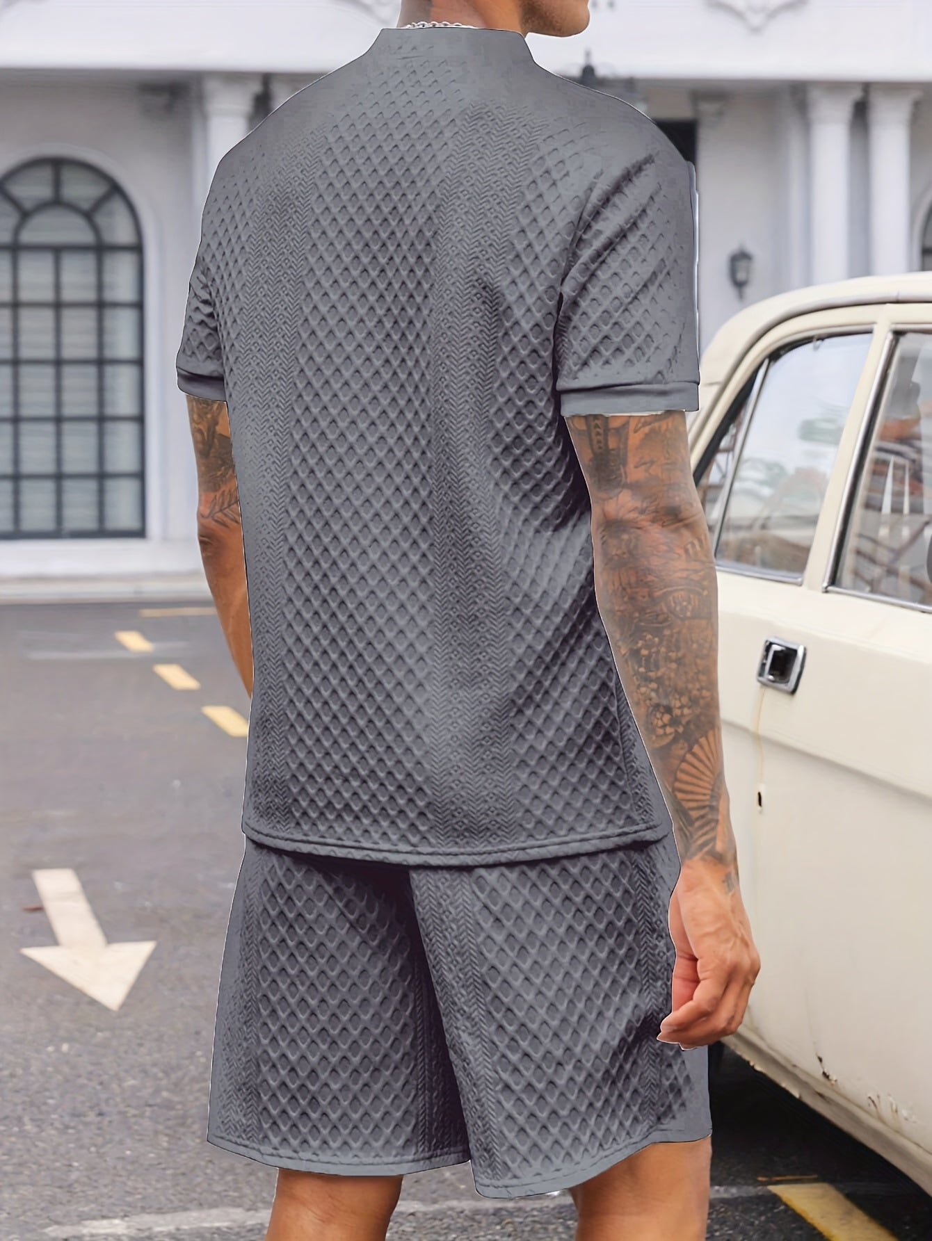 Two-Piece Set, Men'S Summer Outfit, Jacquard Set, Round Neck Short Sleeve, Drawstring Shorts, High Weight Fabric, Casual Ensemble.