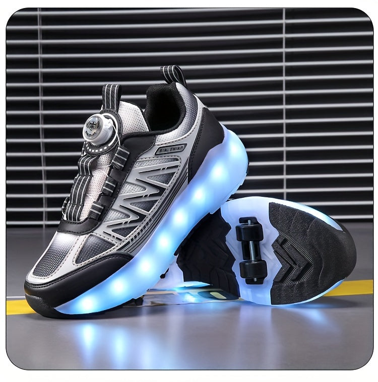 Youth Skate Shoes with LED Lights, Four-Wheel Detachable, Street Fashion, Trendy Style, Random Pattern, All-Season, Sports and Outdoor Scene, Roller Skating, Rotary Buckle Closure, Breathable and Adjustable Brightness, Upper,