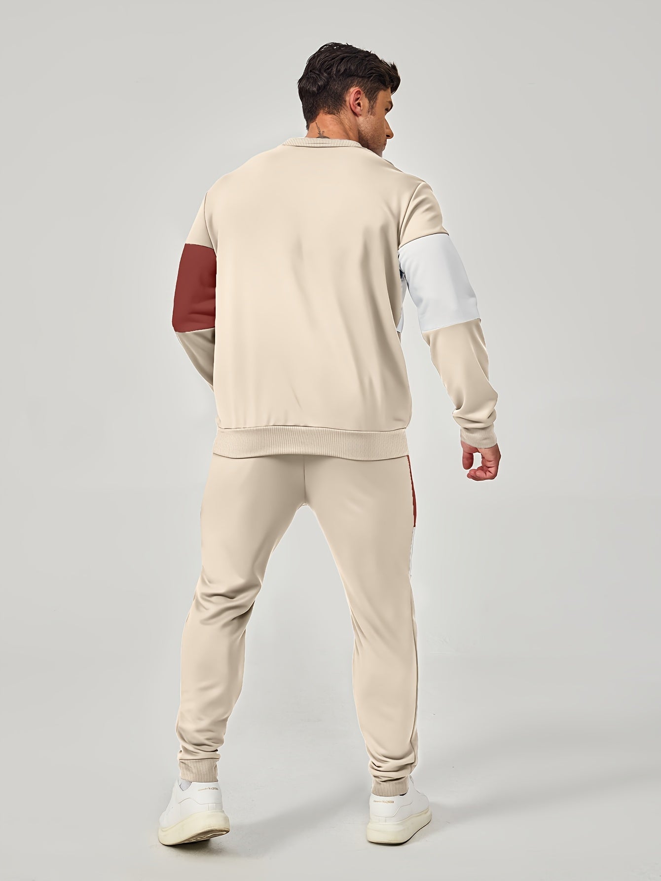 Men's Casual Crew Neck Sweatshirt & Joggers Set - Color Block, Polyester Blend, Machine Washable - Perfect for Spring/Fall, Leisure Style, Conventional Version, Spring/Autumn