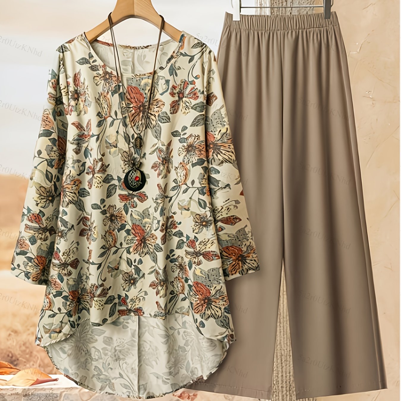 Elegant Floral Print Blouse & High-Waisted Pants Set - Chic Long Sleeve Top with Ruffled Hem, Button Details & Lace Trim, Beige Wide-Leg Pants for Women - Perfect for Spring/Summer, Floral Print Blouse