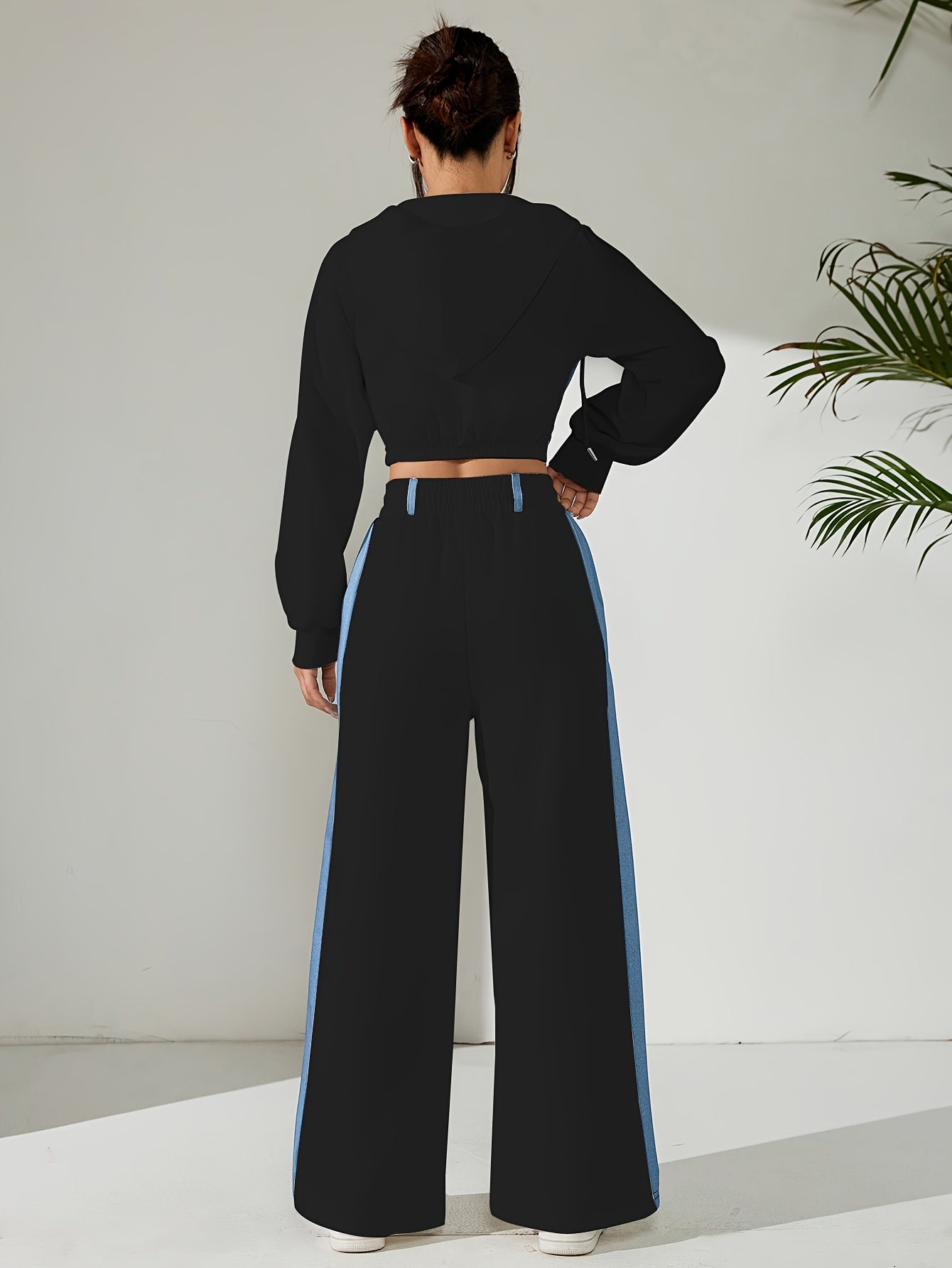 Women'S Stylish Two-Piece Set - Blue & Black Zip-Up Hoodie with Pockets, Long Sleeve Crop Top, and Wide-Leg Pants, Perfect for Spring/Fall, Casual Elegance, Casual Attire|Modern Casualwear|Zippered Hoodie