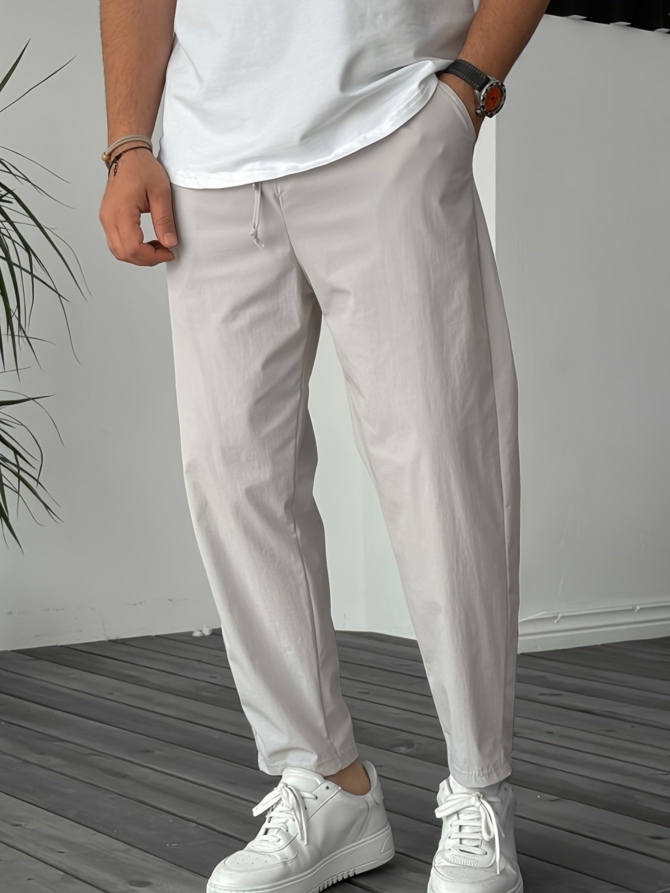 Men's Solid Pants With Pockets, Casual Drawstring Trousers For Outdoor Activities Gift