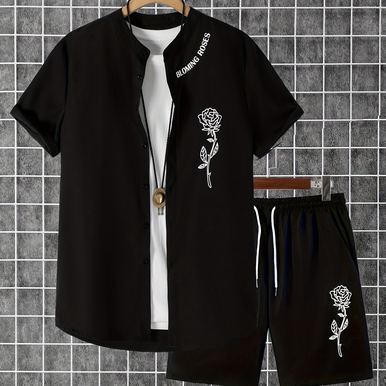 2pcs Printed Men's Summer Short Sleeve Button Shirt and Shorts Set
