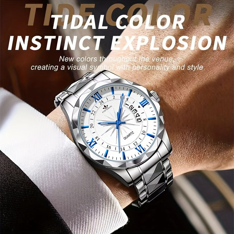 A New FOURRON Brand Men's Quartz Watch With Stainless Steel Strap And Case, Trendy And Luxurious Multi-functional Roman Numeral Dial, Luminous Watch, A Great Gift For Friends' Birthdays, Holidays, And Parties.