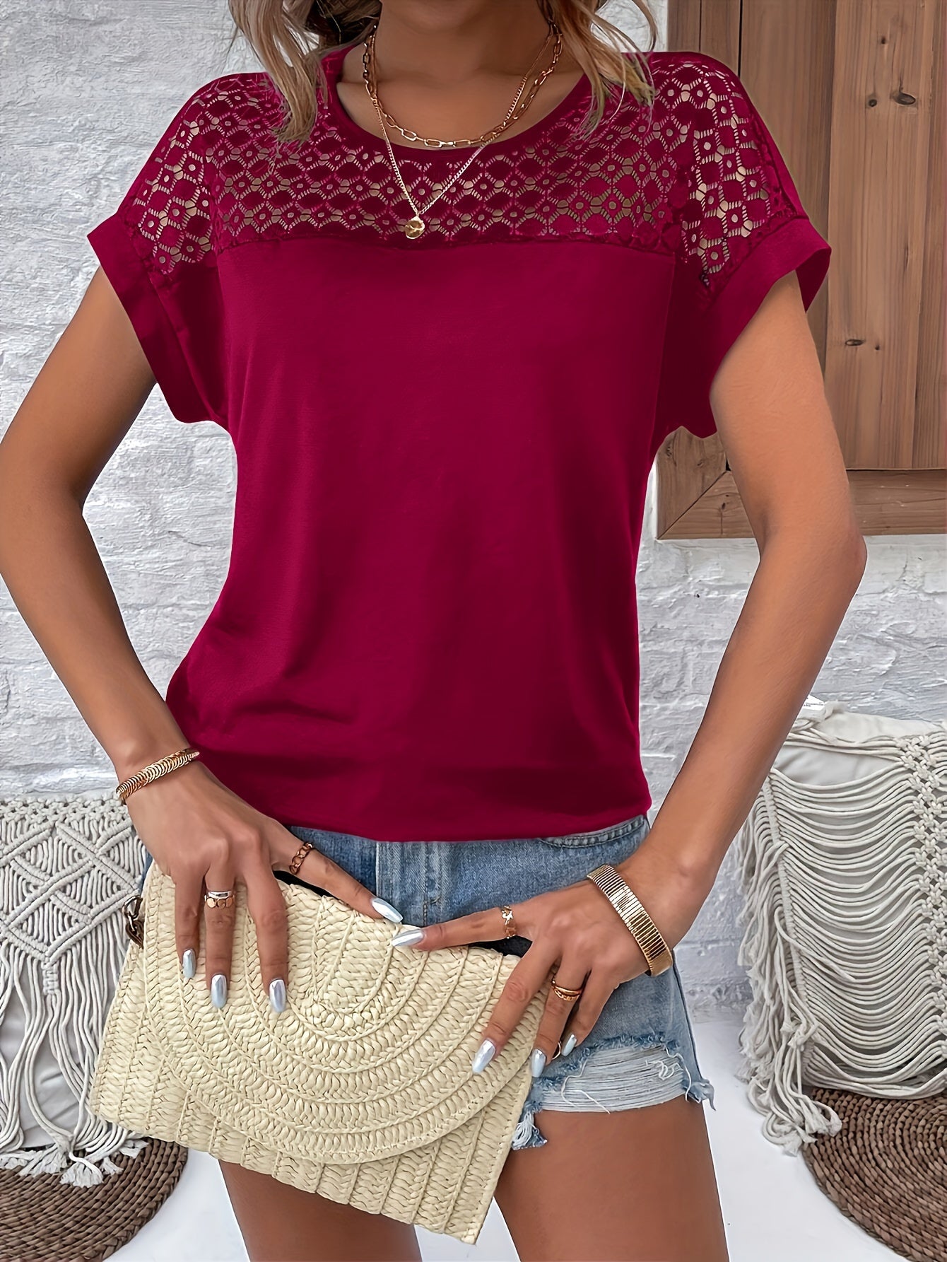Women's Batwing Short Sleeve T-Shirt - Lace Contrast Raglan Sleeves, Round Neck Longline Top, Burgundy & White Elegant Design, Machine Washable All-Season Casual Wear, Vacation Clothing, Nontransparent Fabric