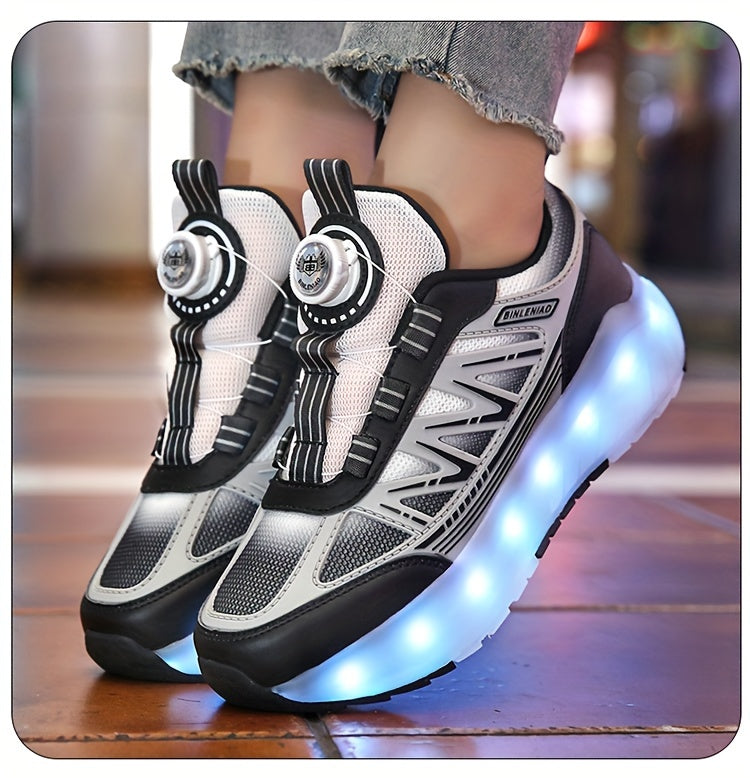 Youth Skate Shoes with LED Lights, Four-Wheel Detachable, Street Fashion, Trendy Style, Random Pattern, All-Season, Sports and Outdoor Scene, Roller Skating, Rotary Buckle Closure, Breathable and Adjustable Brightness, Upper,