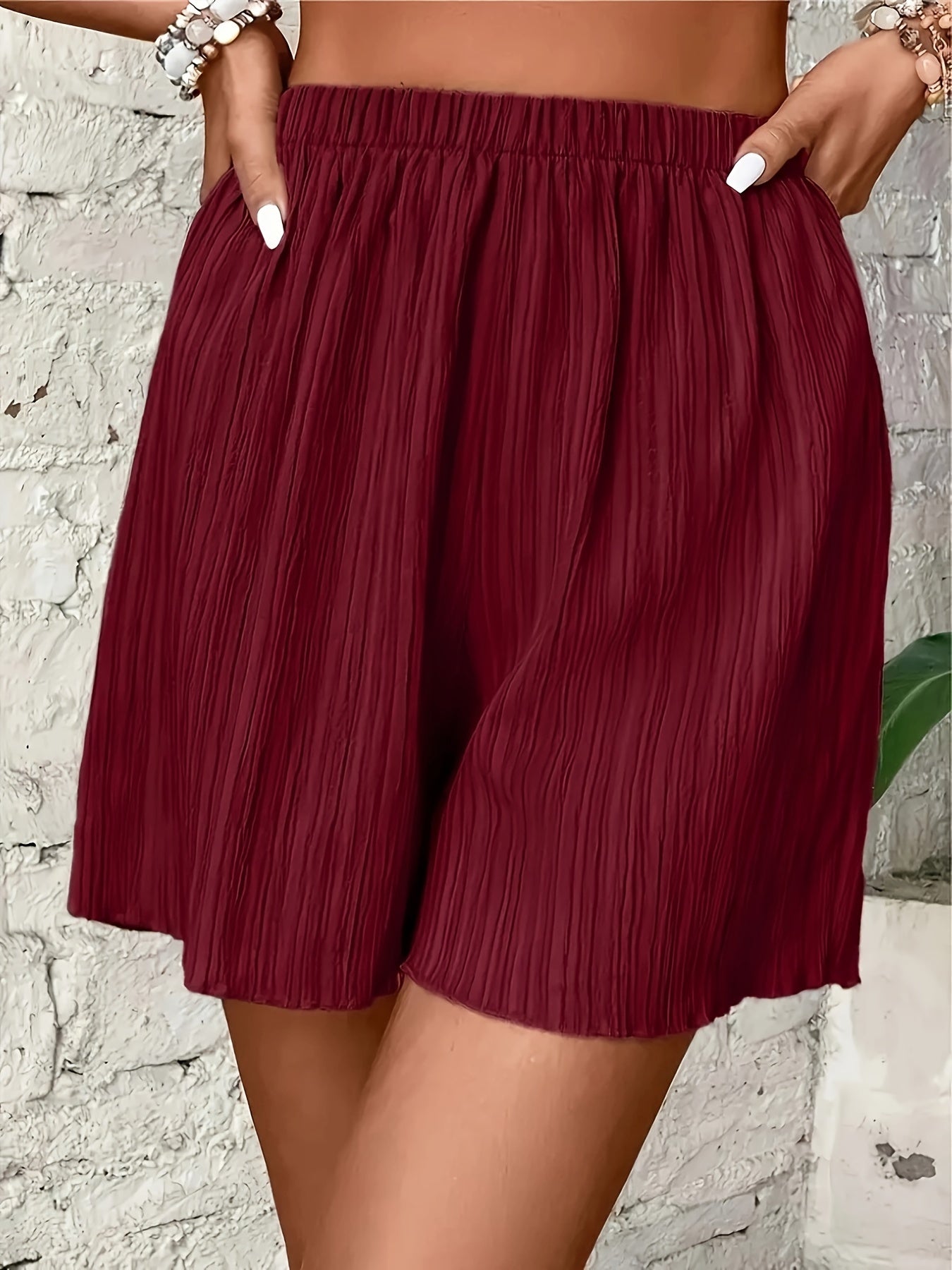 Solid Color Textured Shorts, Vacation Elastic Waist Loose Shorts For Spring & Summer, Women's Clothing