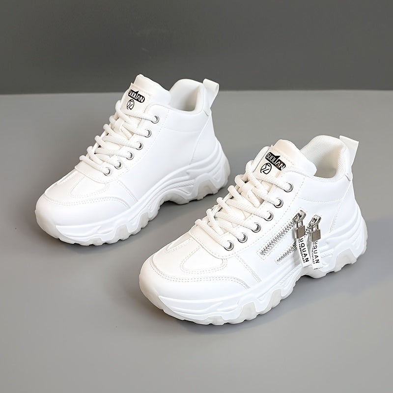 Women's White Platform Sneakers - Chunky Platform Shoes with Cushioned PVC Sole, Lace-Up Low-Top for Everyday, Travel, Office - All-Season Synthetic Cover - Leg-Lengthening Design, Ladies Sneakers, Travel Footwear, Chunky Sol