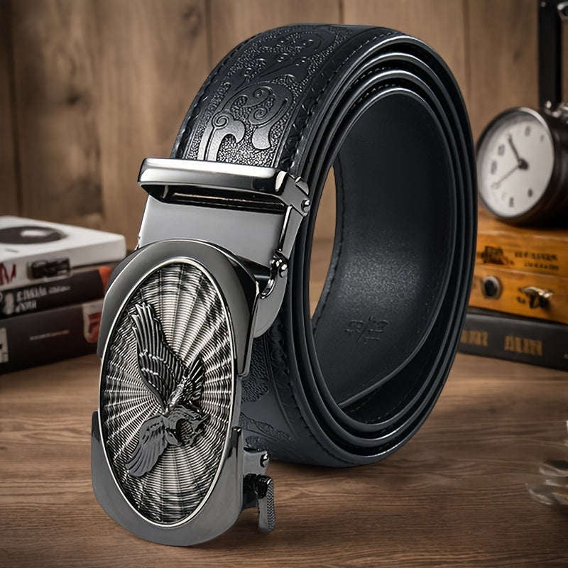 Men's Black Leather Belt with Automatic Buckle - Embossed Eagle Design Business Casual Belt for Office & Formal Occasions, Durable Gift for Father's Day & Business Partners, Sophisticated Detailing