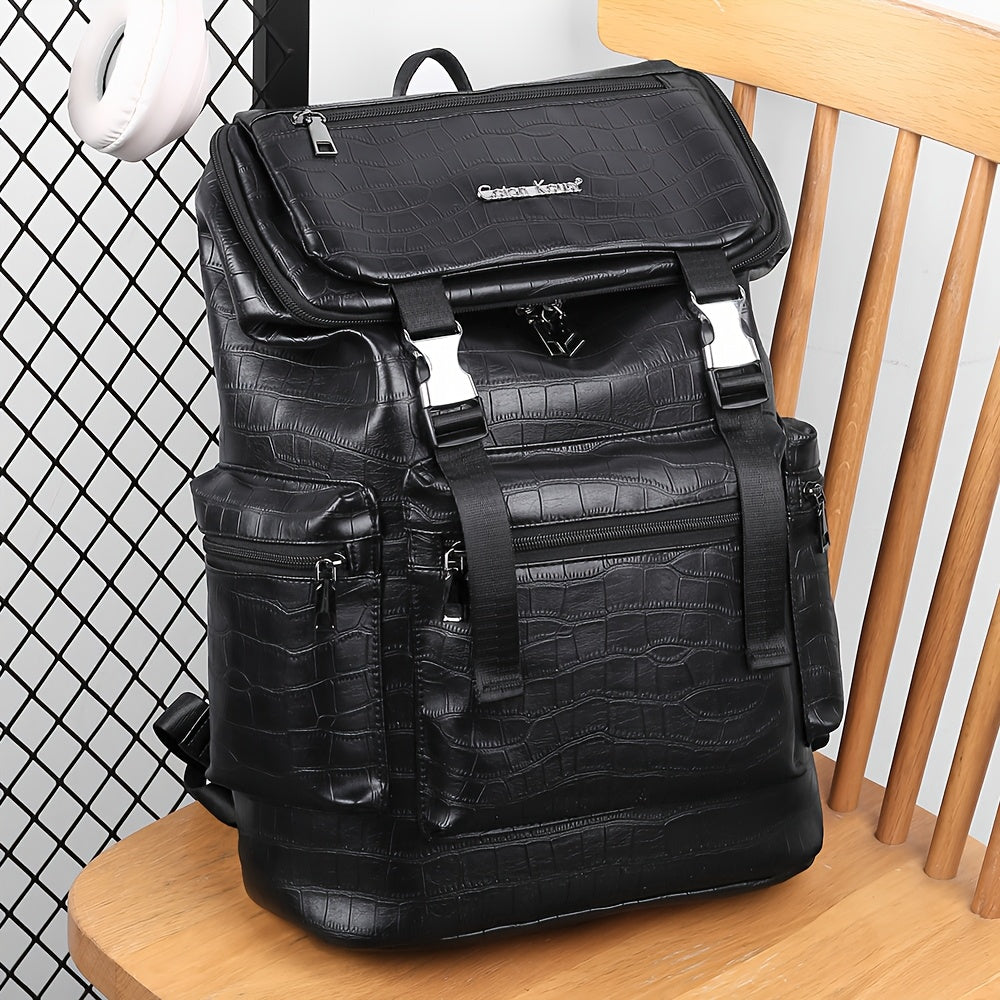 Unisex Backpack with Crocodile Texture, Large Capacity, Anti-Theft, Multi-Compartment, Fits 14-inch Laptop, Casual Travel & Business Commute, Minimalist Style, No Battery - Black