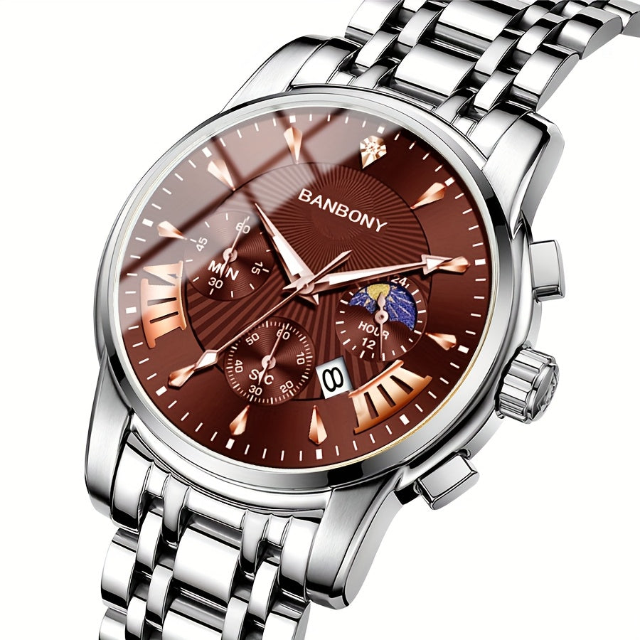BANBONY Automatic Quartz Watch for Men & Women - Stainless Steel Strap, Blue & Golden HD Large Dial, IPX7 Waterproof, Rhinestone Accents, Date Calendar, Luminous Hands - Casual Fashion Unisex Watch for Birthday Holiday Gifts,