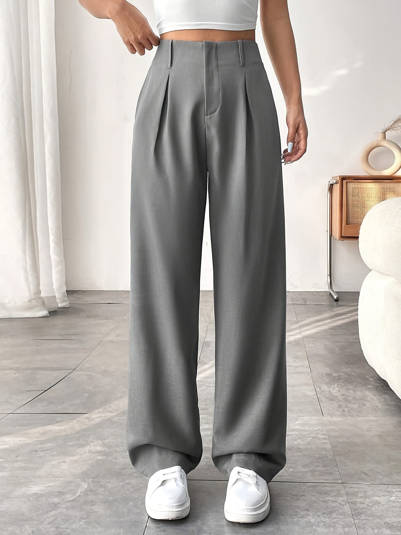 Women's Casual Wide-Leg Pants with High Waist and Slight Flare - Solid Color, Polyester, Machine Washable