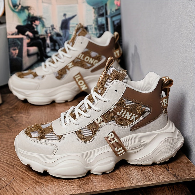 Women'S High-Top Fashion Sneakers with Plaid Pattern, Lightweight EVA Sole, Lace-Up Closure, Fabric Insole, and Tassel Embellishment - All-Season Sports Shoes with Random Printing Design, Ladies Sneakers