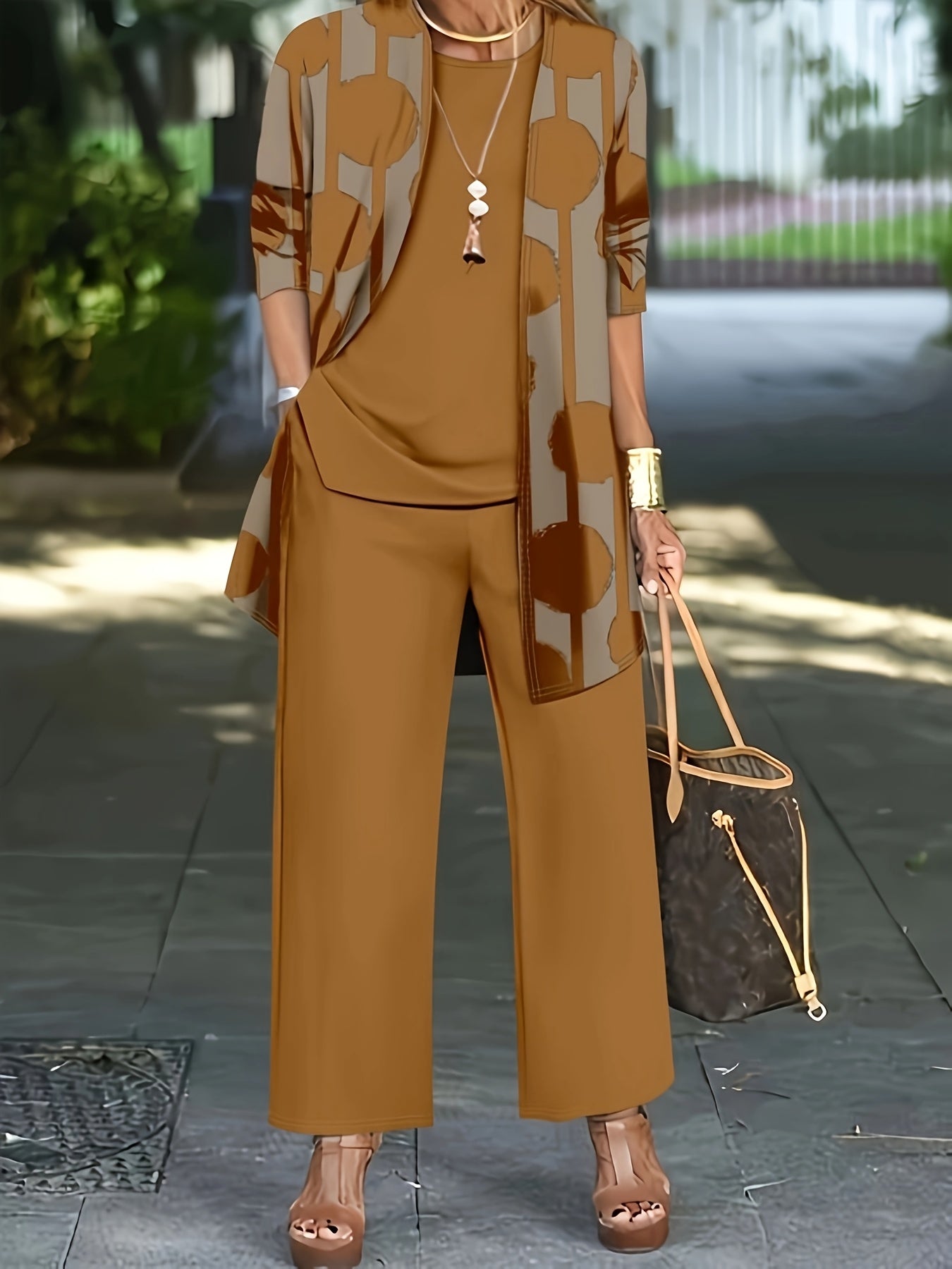 Women'S 3pcs Set, Polka Dot Print Cardigan & Solid Color Vest Casual Pants Daily Outfit