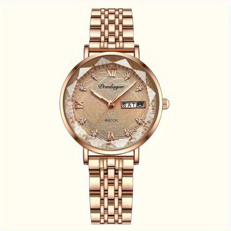 1pc POEDAGAR Elegant Women'S Quartz Watch - Luxurious Rose Golden-Tone with Luminous Hands, Calendar Display, Alloy Case & Band, Quartz Movement, Fashion Accessory|Elegant Timepiece|Rose Golden Finish, Watch Accessories
