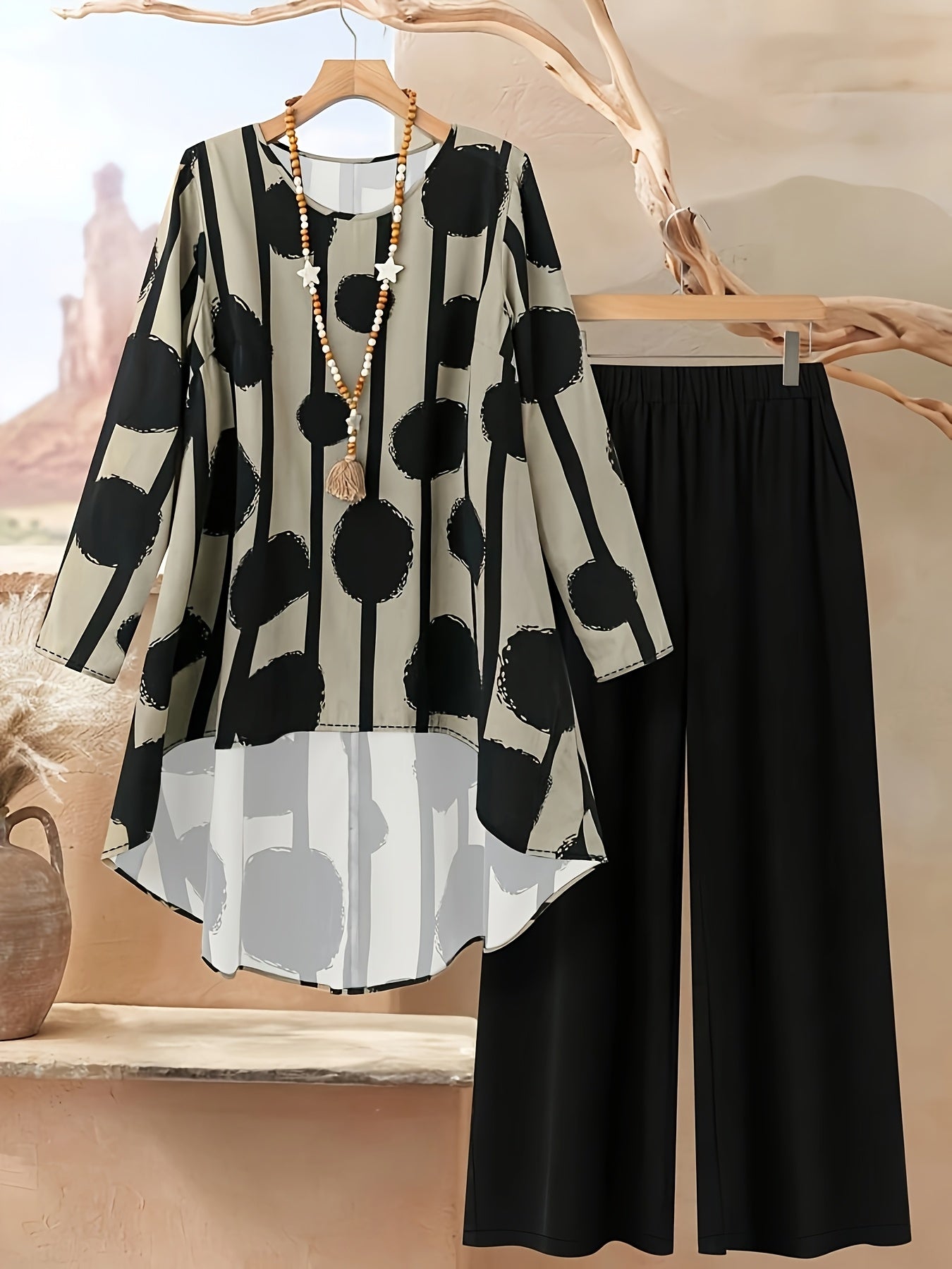 Plus Size, Women's Plus Size Printed Elegant Loose Long Sleeve Top and Pants Set
