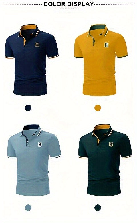 Men's Trendy Simple Letter Print Color Block Short Sleeve Button Up Lapel Shirt For Summer Daily, Golf Shirt