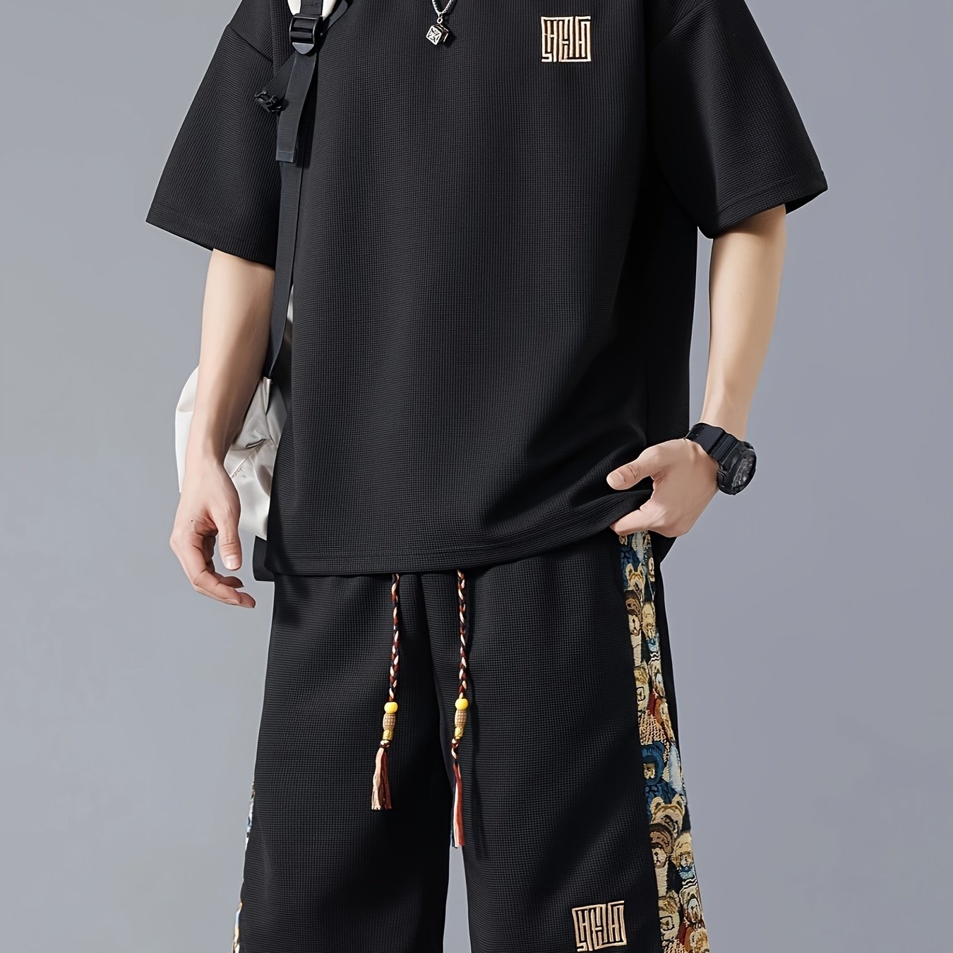 Men's Summer Casual Fashion Set: Embroidered Loose-Fit T-Shirt & Shorts - Breathable Polyester Blend, Non-Stretch Fabric, Pineapple, Sports Set