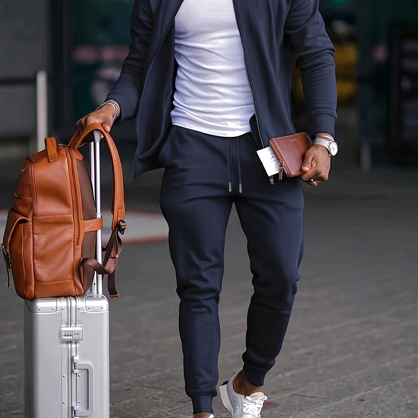Men's Casual Fashion Suit Set - Polyester, Stand Collar Zip-Up Jacket & Drawstring Pants for Spring/Fall