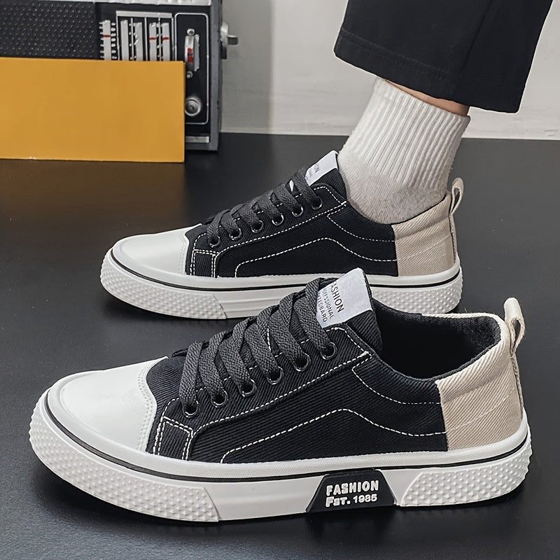 Men's Breathable Canvas Sneakers - Low-Top Lace-Up Skate Shoes, Fashionable Casual & Sporty Design with Green & Beige Color Block, Non-Slip PVC Sole for Casual Attire, Outdoor Sneakers | Laceup Closure | Stylish Lowtops