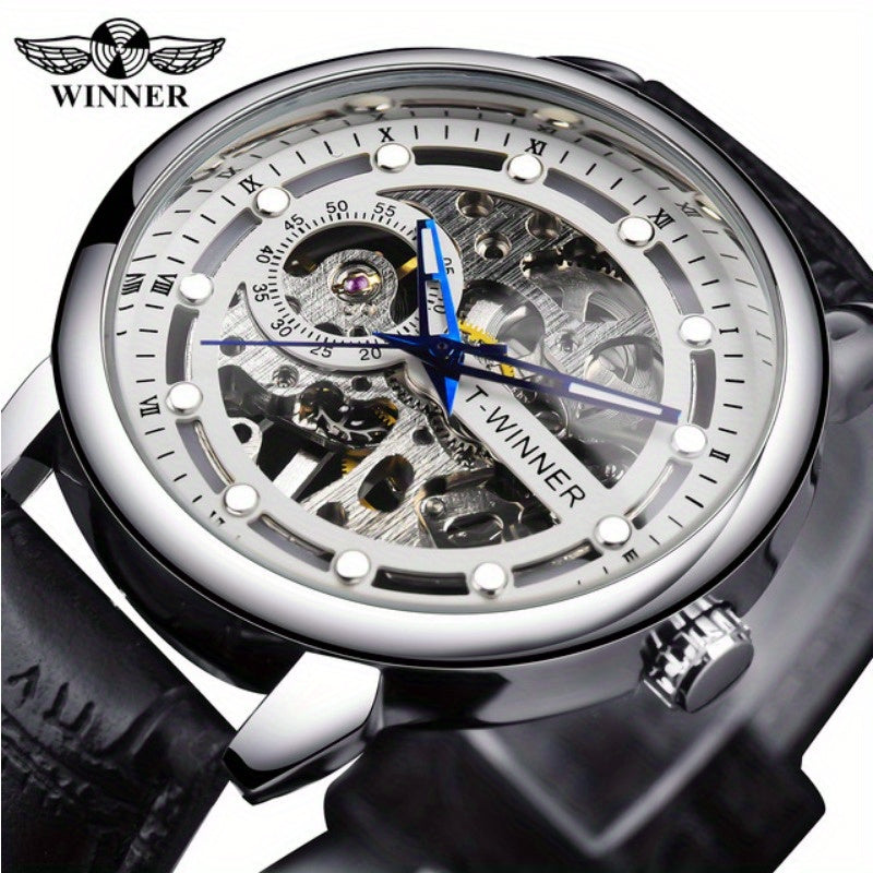 Men'S Luxury Mechanical Skeleton Watch with Golden-Tone Alloy Case & Faux Leather Strap - Mechanical Hand-Wind, World Time, Date Display, Elegant Fashion Accessory for Casual Attire, Mechanical Watch, Sophisticated Design, In