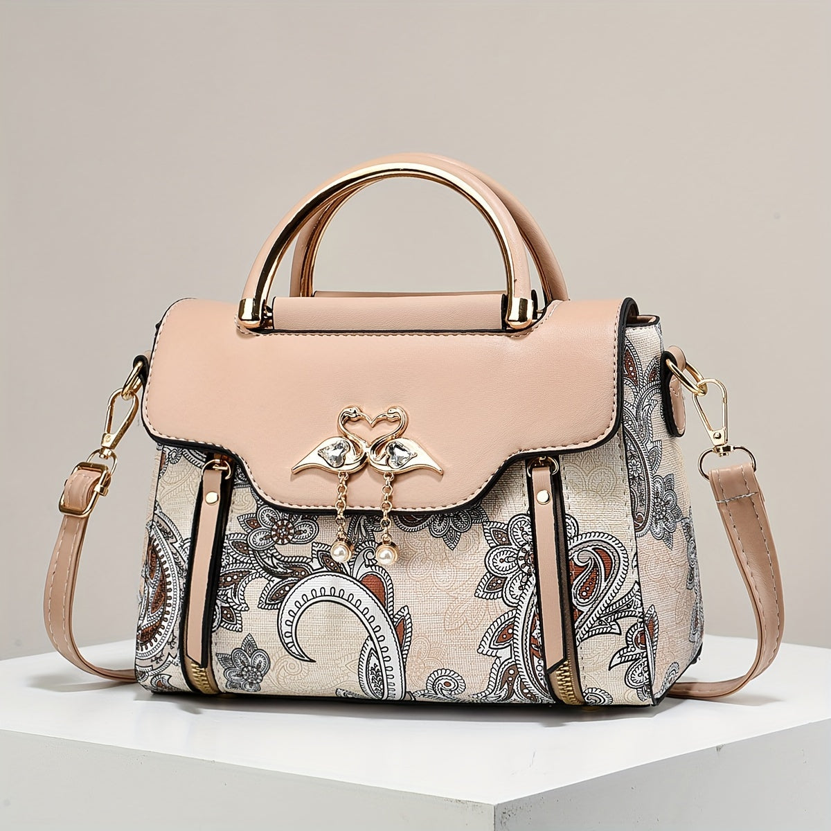 Elegant Floral Embroidered Handbag for Women - Adjustable Strap, Zipper Closure, Polyester Lining, Black & White Floral Pattern, Perfect Gift for Mom Or Family, Small Crossbody Purse, Stylish Accessory, Durable Construction