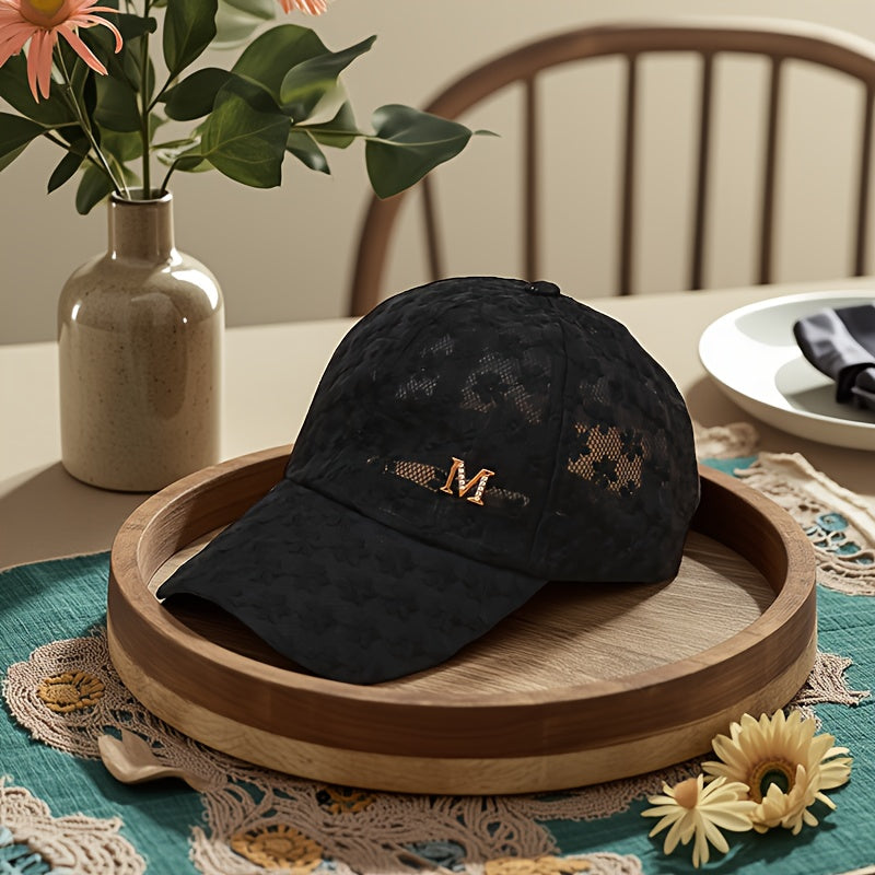 Women's Floral Lace Baseball Cap with Breathable Mesh Back & Embroidered 'M' Detail - Adjustable Snapback Closure, Lightweight Design for Valentine's Day, Casual Outings, City Travel, Outdoor Activities Hat, Embroidered Detai