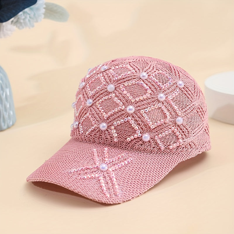 Women'S Adjustable Four-Leaf Clover Faux Pearl Baseball Cap - Breathable Mesh Summer Hat with Snap Closure, Stylish Black Design for Spring/Summer, Summer Headwear | Fashionable Headwear | Mesh Fabric Ca
