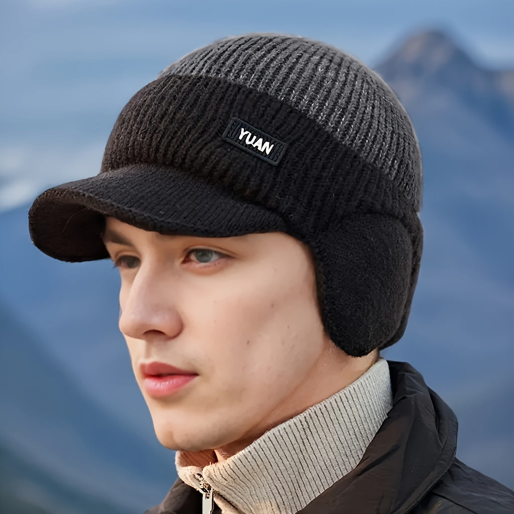 Men'S Winter Ear-Protecting Knitted Cap with Fleece, Warm Duckbill Hat for Outdoor Youth Cycling in a Color-Block Design.