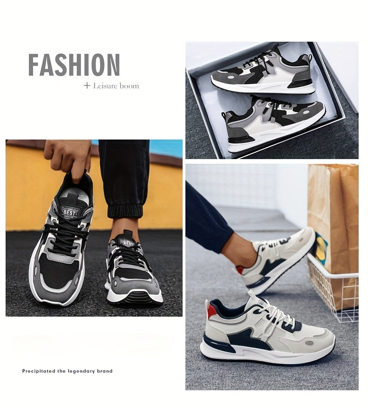 Men's Plus Size Breathable Mesh Casual Sneakers - Low-Top Lace-Up Walking Shoes with Cushioned PVC Sole, All-Season Outdoor & Daily Wear in White/Navy/Red Accents, Outdoor Footwear | Modern Sneakers | Durable Fabric Shoes