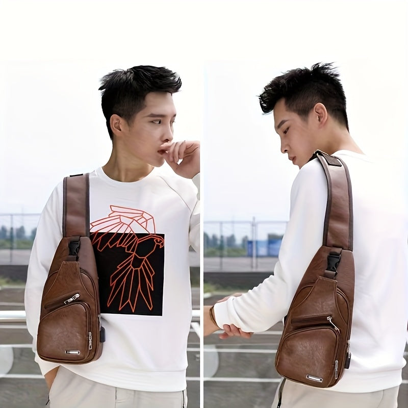2025 New Men'S Fashion Chest Bag - Soft Faux Leather Anti-Theft Crossbody Bag with Multiple Compartments, Adjustable Strap & Zipper Closure for Gym, Travel, Casual Outings (Brown), Secure Travel Pouch, Textured Finish