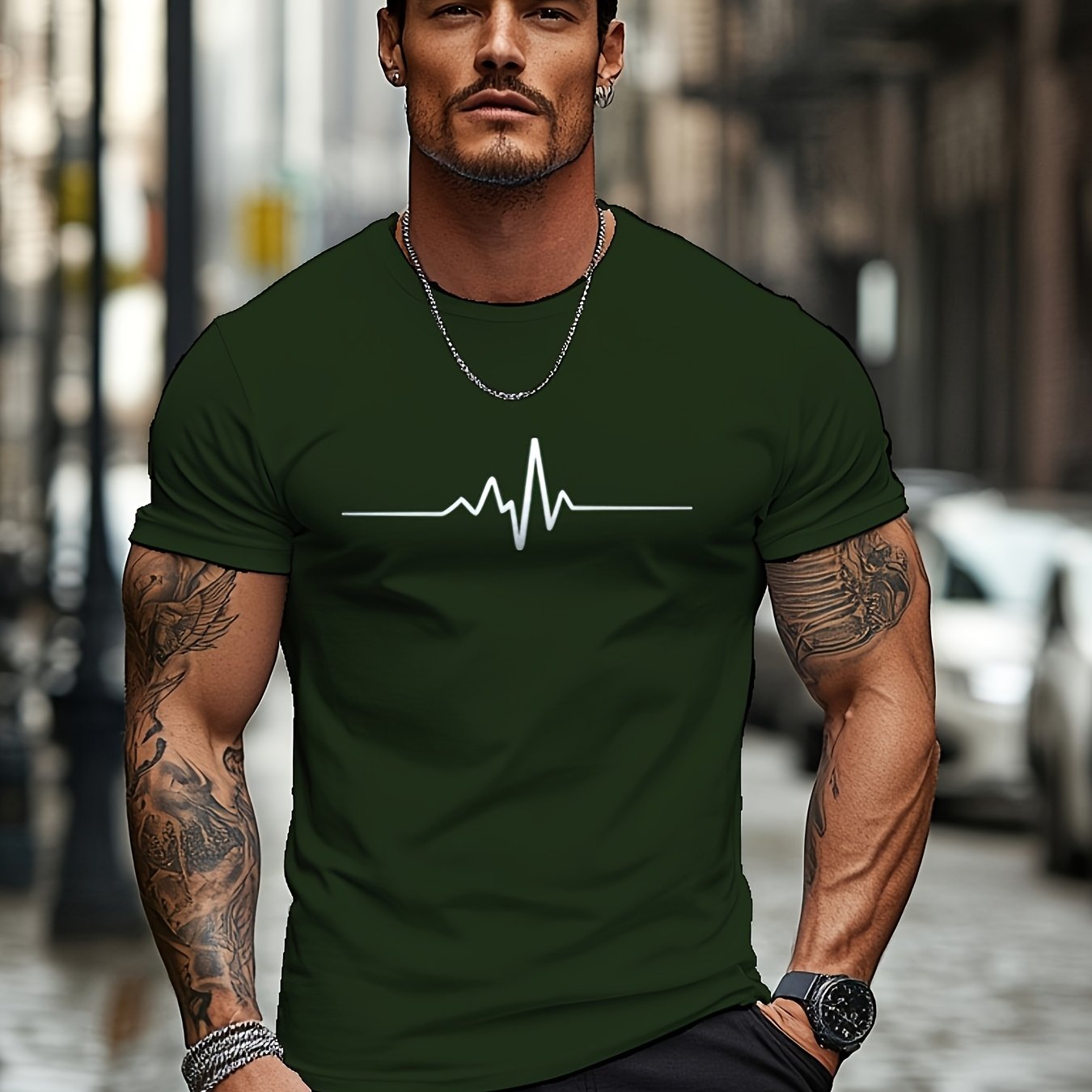 Men'S Brown T-Shirt with ECG Heartbeat Graphic - Casual Streetwear, Short Sleeve, Round Neck, Stretch Fabric, All-Season Comfort, Casual Streetwear Tee | Round Neck Tshirt | Comfortable Fit