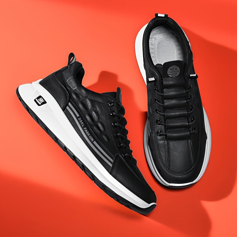 Men's Breathable Casual Sneakers - Comfortable, Versatile & Stylish Shoes for Running, Sports & Casual Attire, Black with White Accents, PU Upper & PVC Sole, Round Toe, Lace-Up Design, All-Season Use