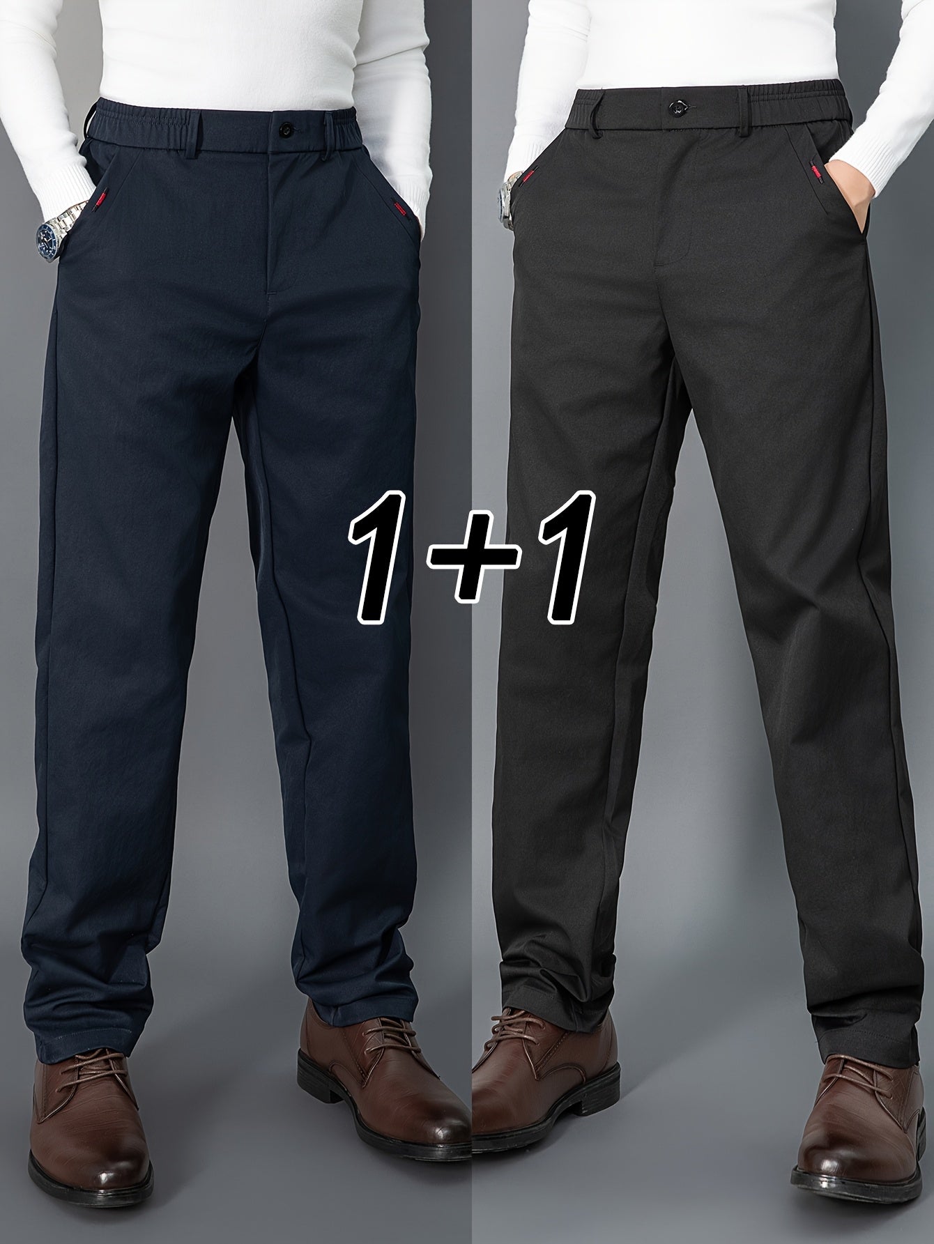 2pcs Men's Light Business Casual Pants - Straight Leg Dress Trousers, Lightweight & Comfortable for Office and Casual Attire, All Seasons, Navy Blue & Black, Polyester Fabric, Machine Washable, Versatile Dress Trousers | Styl