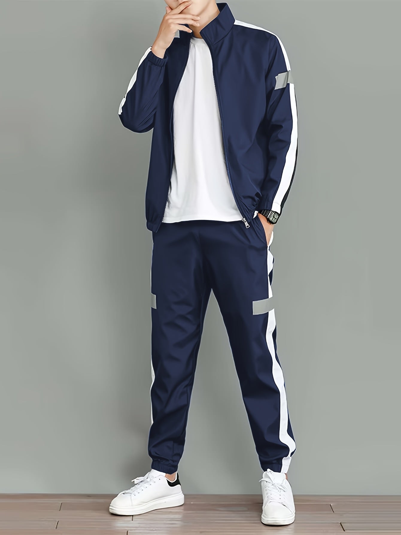Men's Casual Sportswear Set - Black and White Striped Zip-Up Jacket with Reflective Accents & Matching Joggers, Polyester, Machine Washable, Ideal for Spring & Fall, Jogging Pants