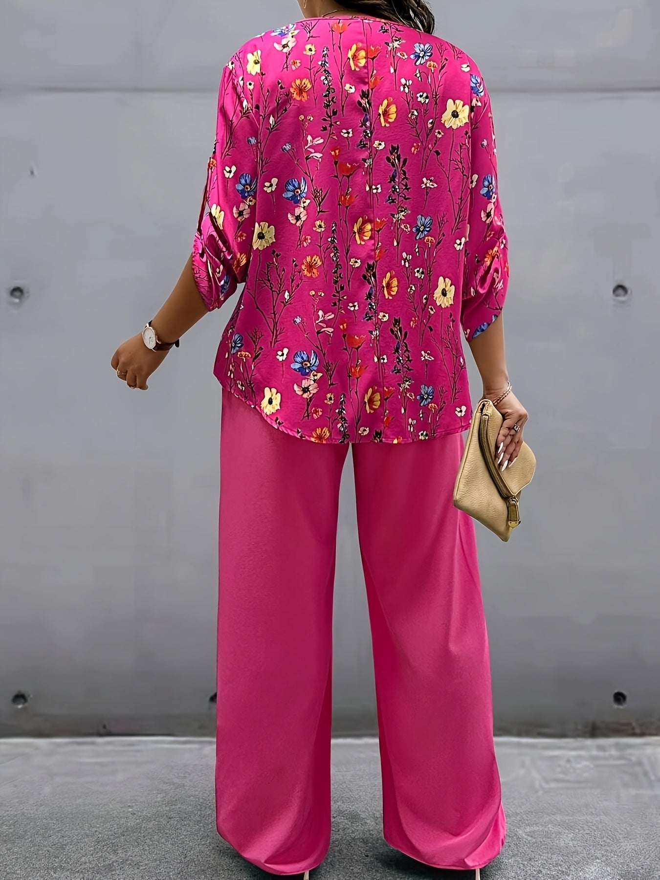 Plus Size, Oriented - Plus Size Women's Vacation Style Floral Shirt and Pants Set